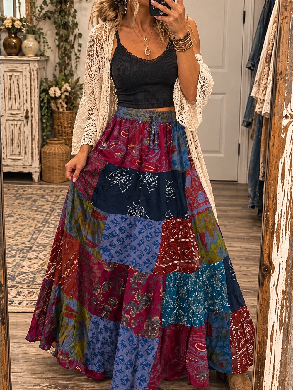 Boho Patchwork Maxi Skirt - Multicolor